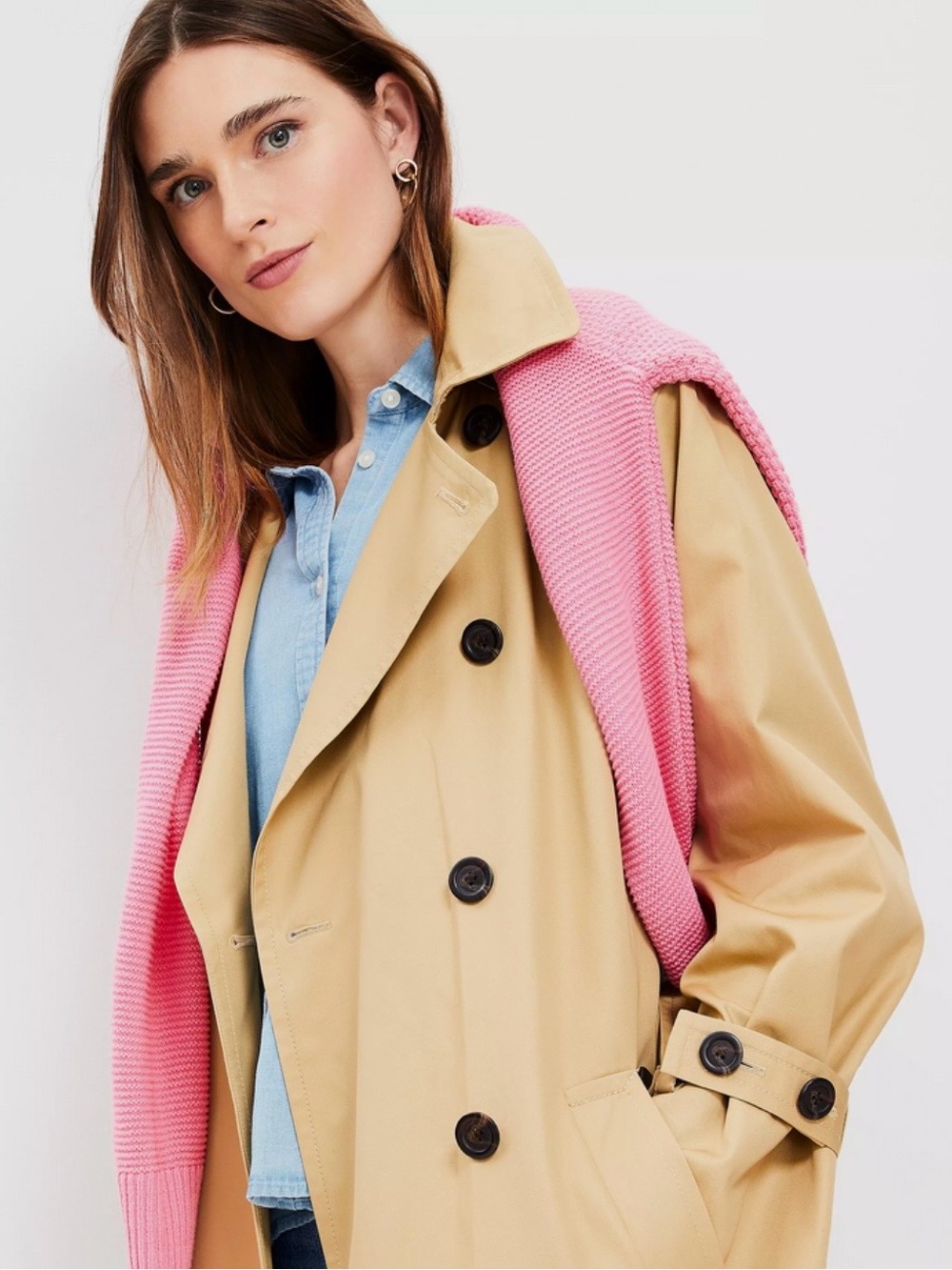 NWOT LOFT Classic Tan Trench Coat - Women's Long Double-Breasted Belted Trench - Picture 2 of 13